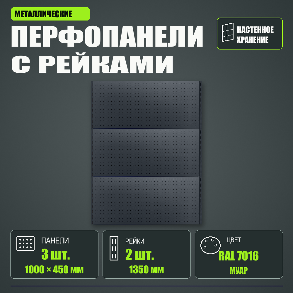 Набор перфопанелей с рейками 1000×1350 h цвет RAL 7016 муар