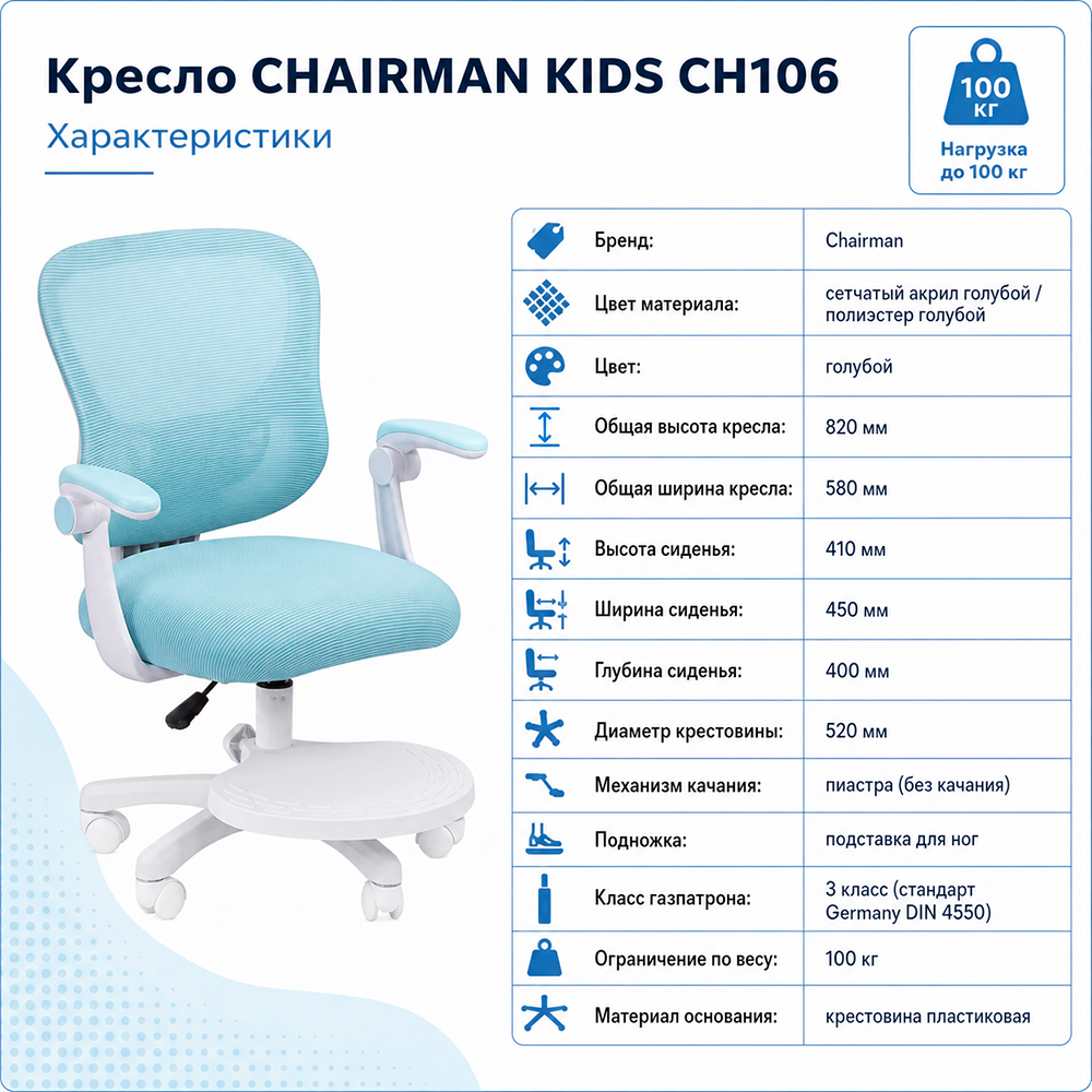 Кресло CHAIRMAN KIDS CH106 с подставкой Сетчатый акрил голубой / Полиэстер голубой 