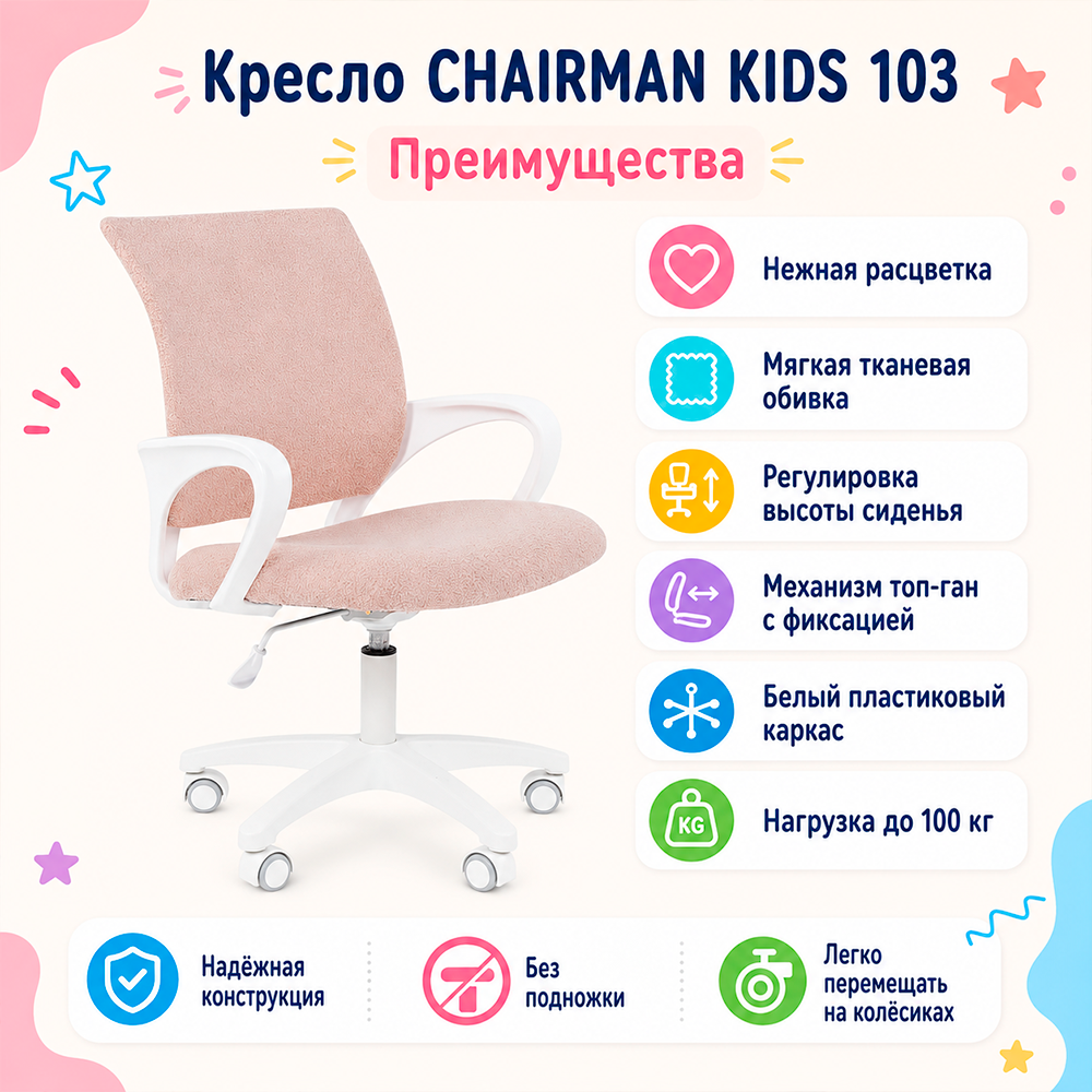 Кресло CHAIRMAN KIDS 103 ткань В зефир, белый пластик LT
