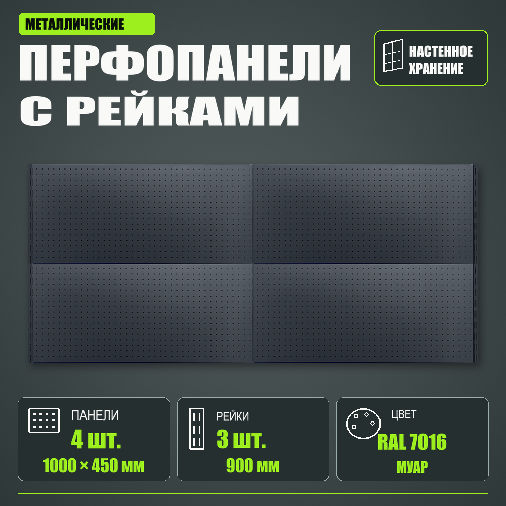 Набор перфопанелей с рейками 2000×900 h цвет RAL 7016 муар