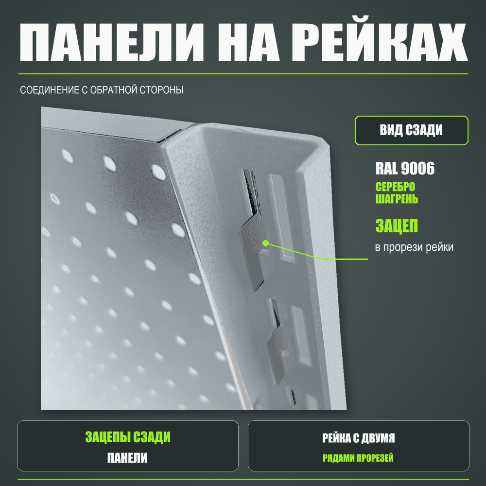 Набор перфопанелей с рейками 2000×900 h цвет RAL 9006 серебро шагрень
