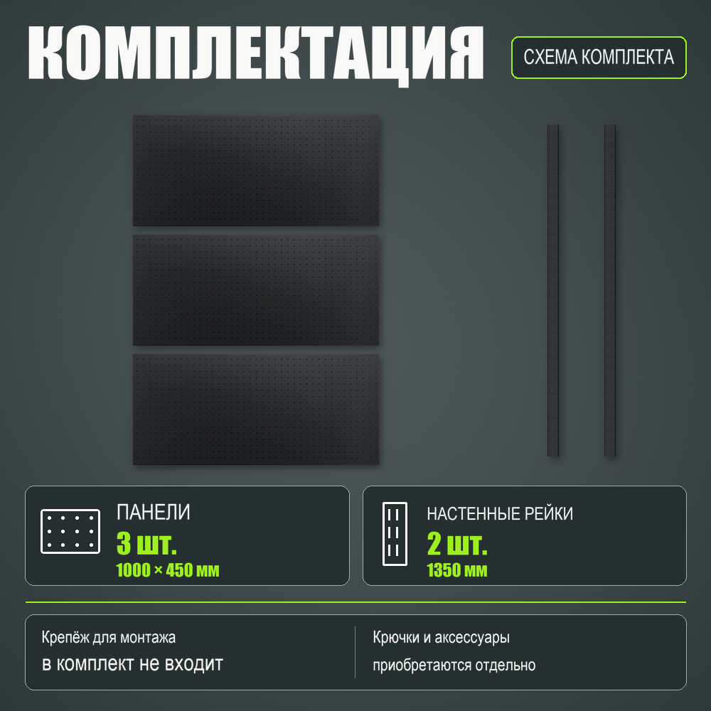Набор перфопанелей с рейками 1000×1350 h цвет RAL 9005 черный шагрень
