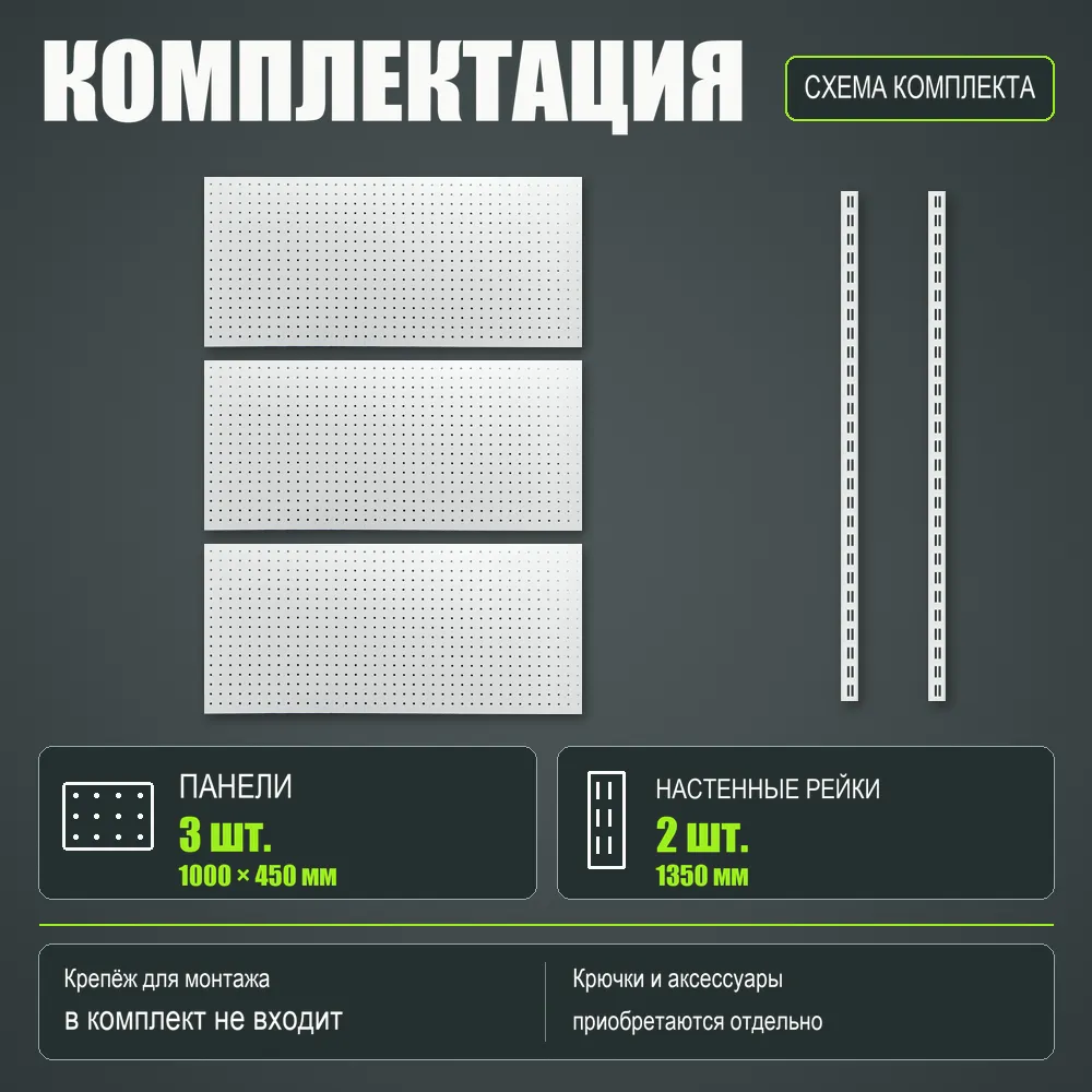 Набор перфопанелей с рейками 1000×1350 h цвет RAL 9016 белый глянец