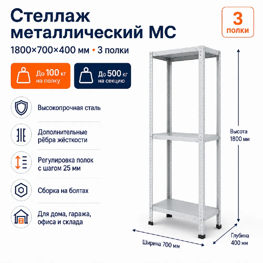 Стеллаж для дома MC-100 1800*700*400 (3 полки)
