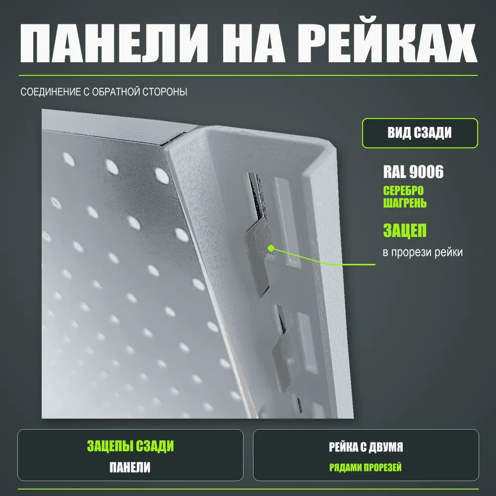 Набор перфопанелей с рейками 1000×1350 h цвет RAL 9006 серебро шагрень