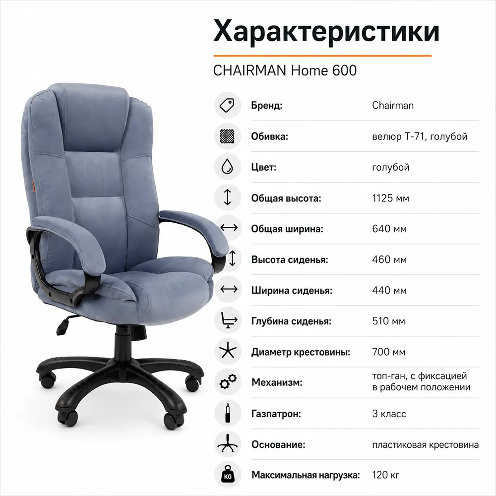 Кресло CHAIRMAN Home 600 Велюр T-71 голубой