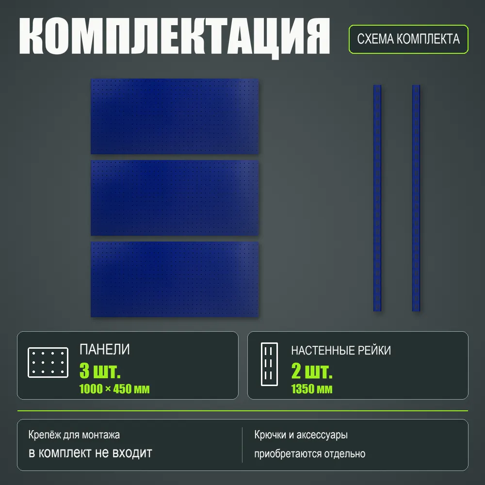 Набор перфопанелей с рейками 1000×1350 h цвет RAL 5002 синий шагрень