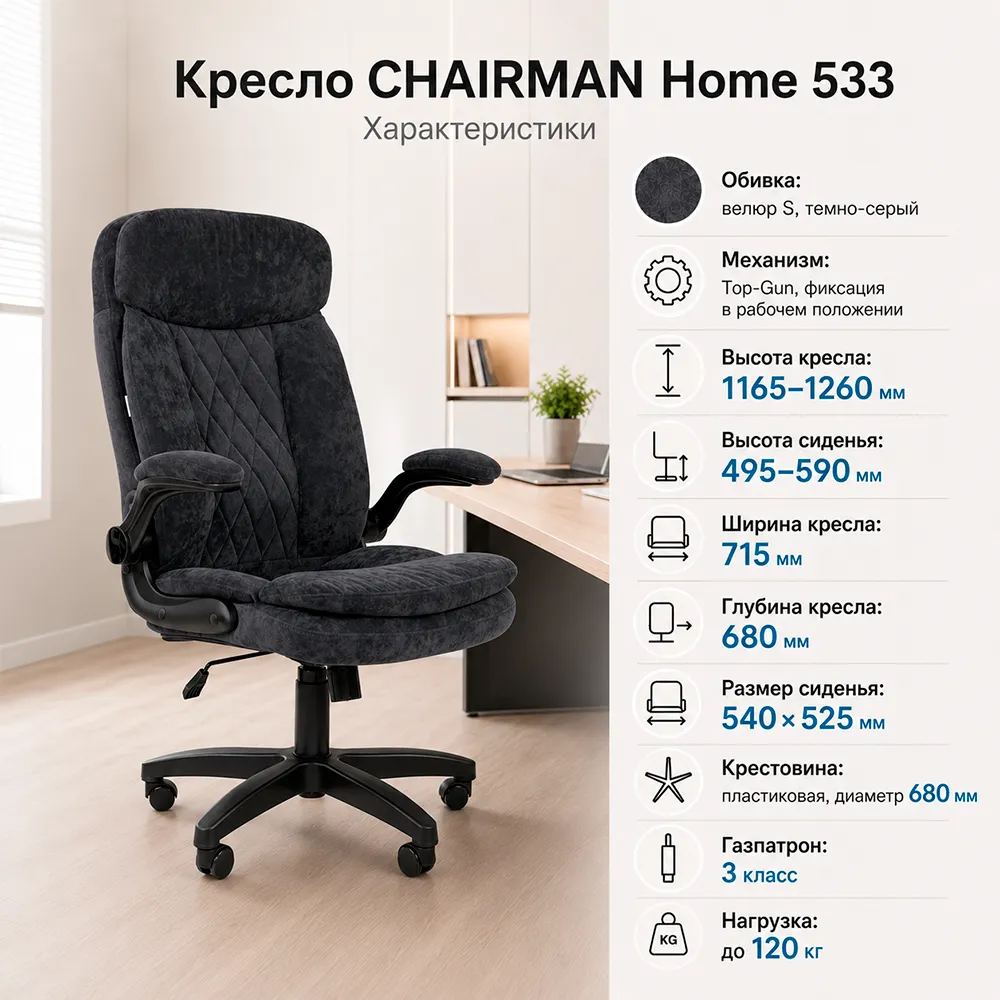 Кресло CHAIRMAN Home 533 (Велюр S темно-серый)