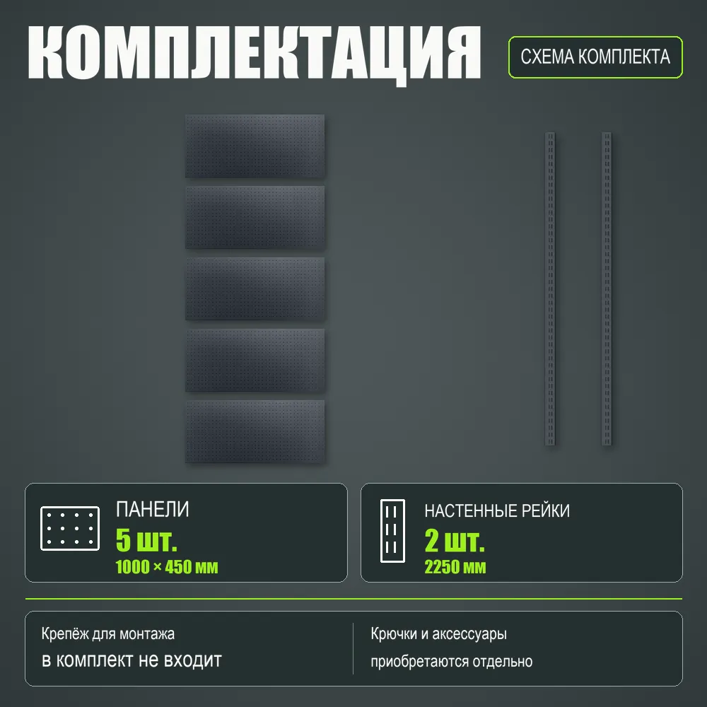Набор перфопанелей с рейками 1000×2250 h цвет RAL 7016 муар