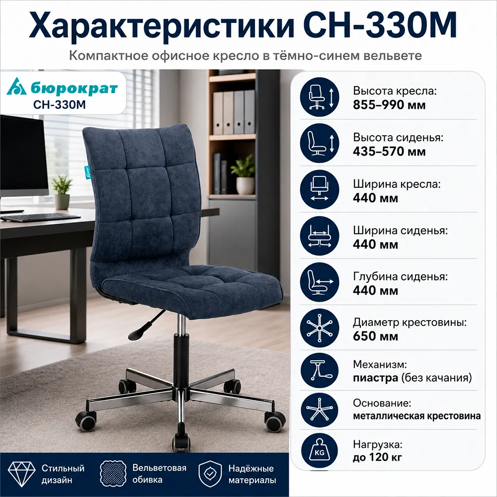 Кресло офисное Бюрократ CH-330M темно-синий Light-27 крестов. металл хром