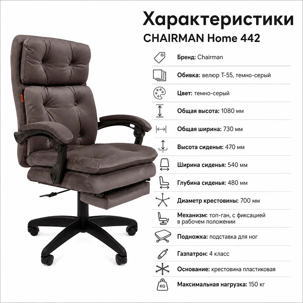 Кресло CHAIRMAN Home 442 Велюр T-55 темно-серый