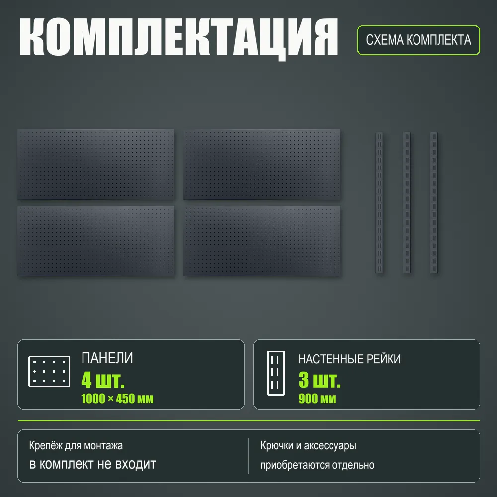 Набор перфопанелей с рейками 2000×900 h цвет RAL 7016 муар