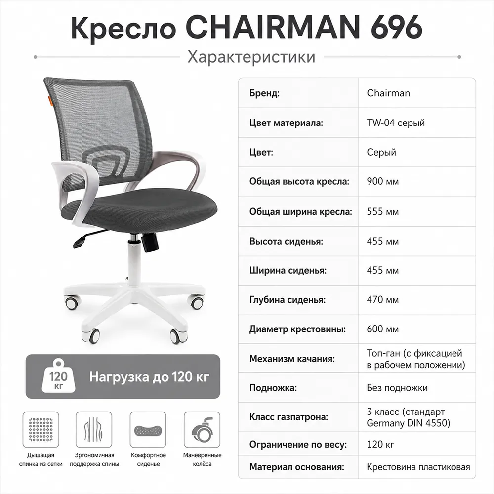Кресло детское CHAIRMAN 696 белый пластик, ткань ТВ-04 серый