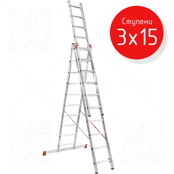 Лестница трехсекционная 3x15 ступеней усиленная, NV3231, 9,70м. алюминиевая